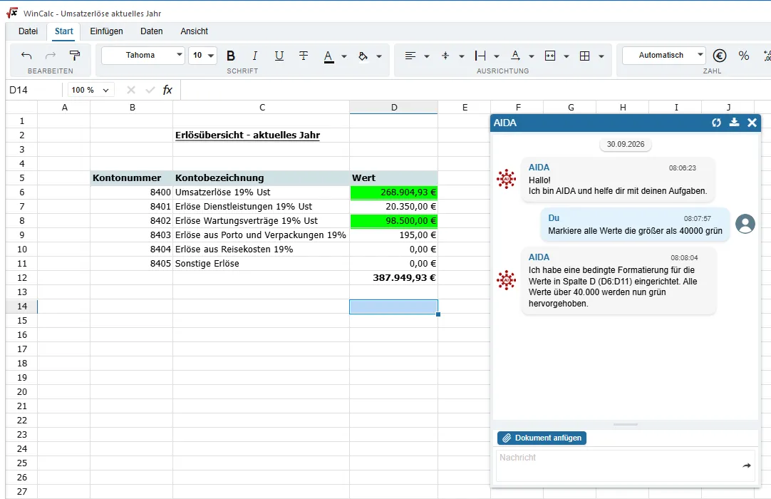WinCalc Erlösübersicht: AIDA markiert alle Werte über 40.000 Euro grün