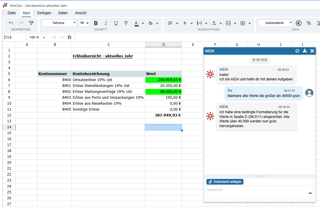 WinCalc Erlösübersicht: AIDA markiert alle Werte über 40.000 Euro grün