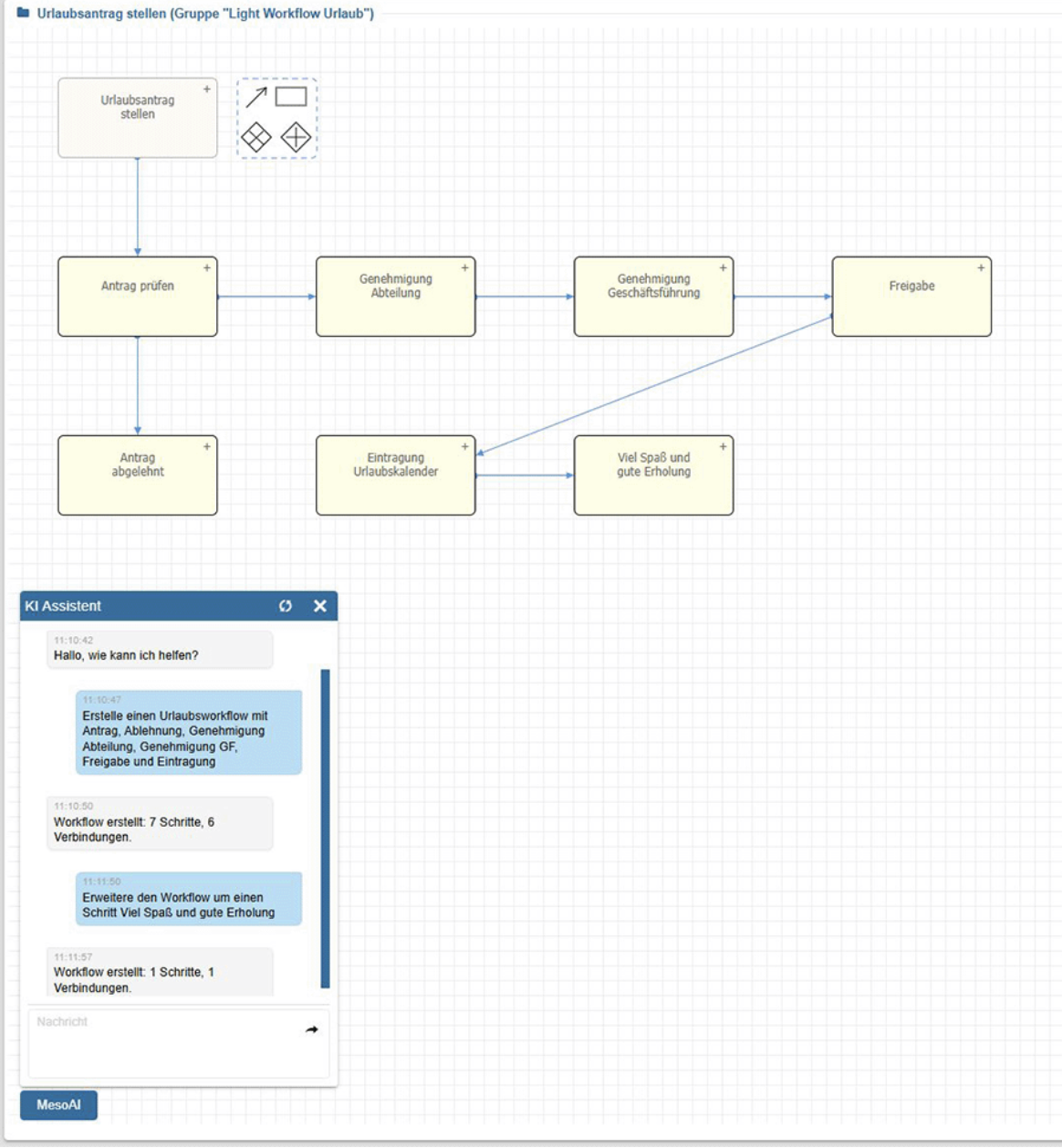 Workflow-Designer: AIDA erstellt einen Urlaubsworkflow mit sieben Schritten aus einer Anweisung
