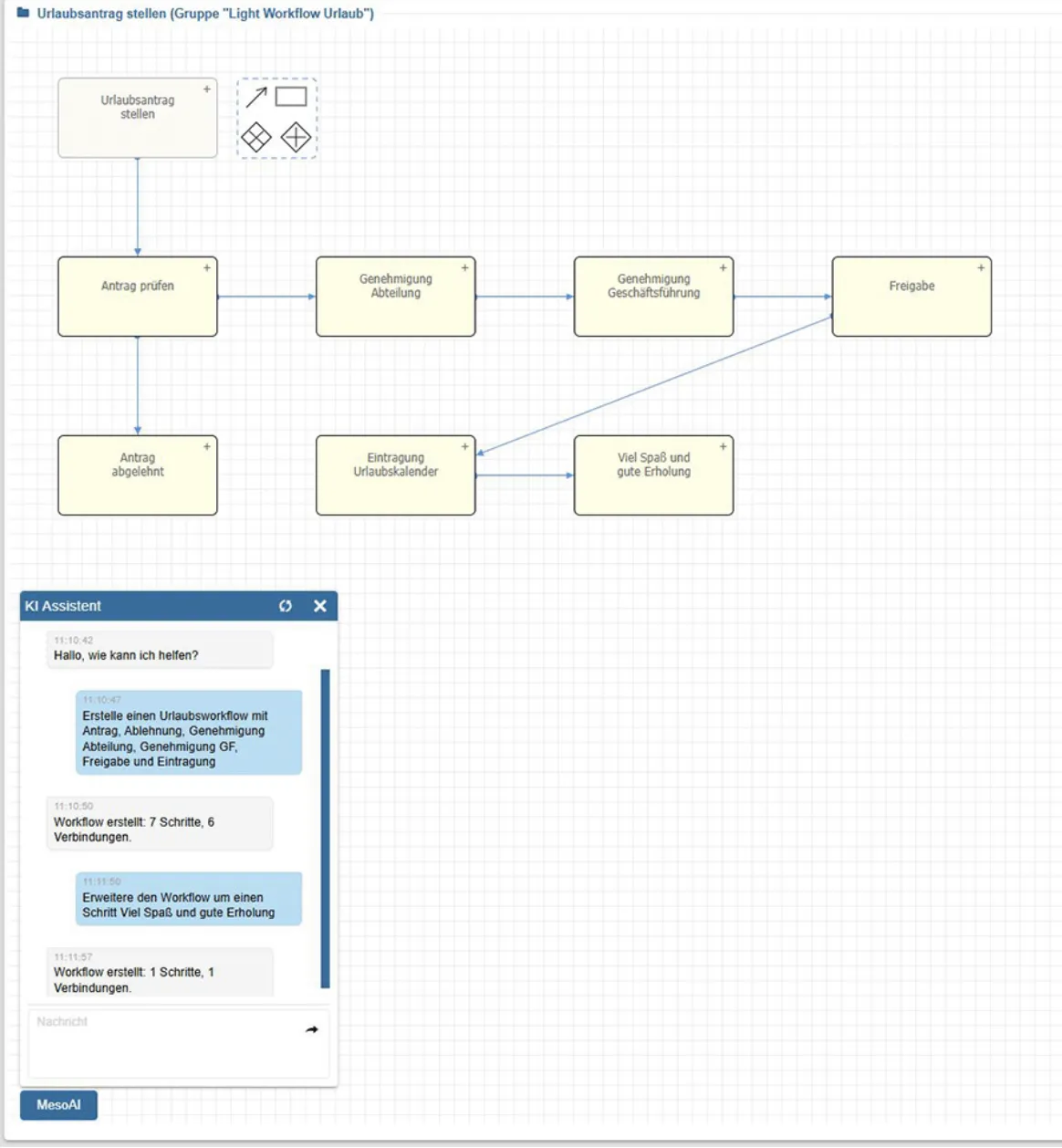 Workflow-Designer: AIDA erstellt einen Urlaubsworkflow mit sieben Schritten aus einer Anweisung