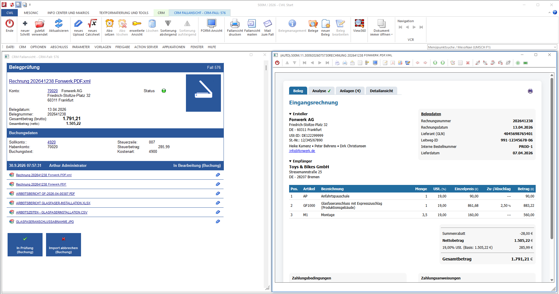 WinLine CRM-Fallansicht: eingegangene E-Rechnung mit Belegprüfung, Buchungsdaten, Anlagen und Freigabe, daneben die lesbare Darstellung der XML-Rechnung